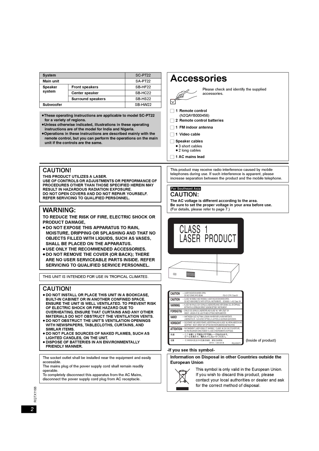 Panasonic SC-PT22 manual SA-PT22, SB-HF22, SB-HC22, SB-HS22, SB-HW22 