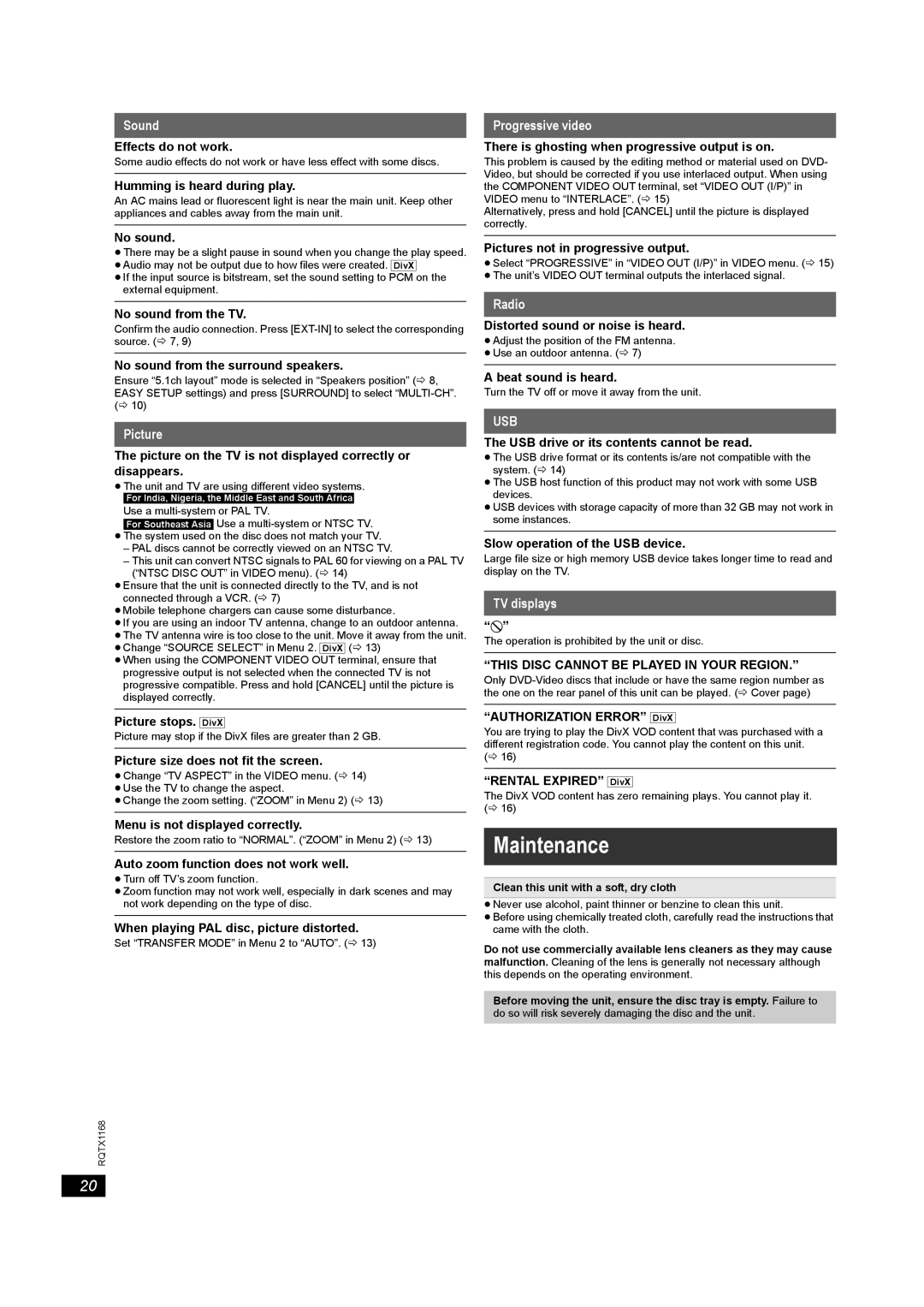 Panasonic SC-PT22 manual Maintenance 