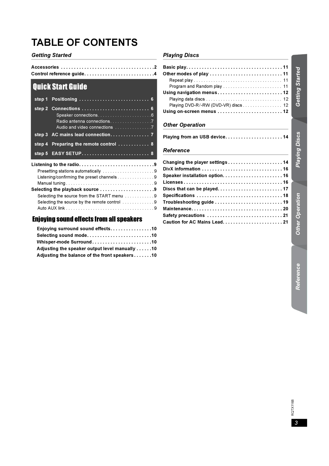 Panasonic SC-PT22 manual Table of Contents 