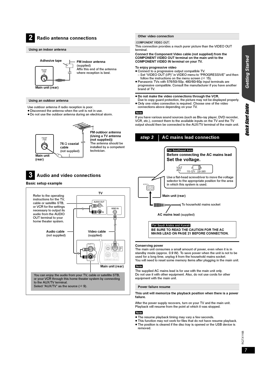 Panasonic SC-PT22 manual Radio antenna connections, Audio and video connections, Set the voltage, Basic setup example 