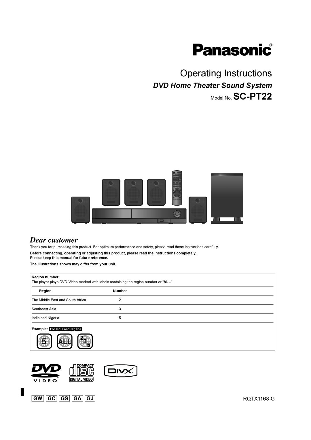 Panasonic SC-PT22 manual Gw Gc Gs Ga Gj, RQTX1168-G, Operating Instructions, Dear customer, DVD Home Theater Sound System 