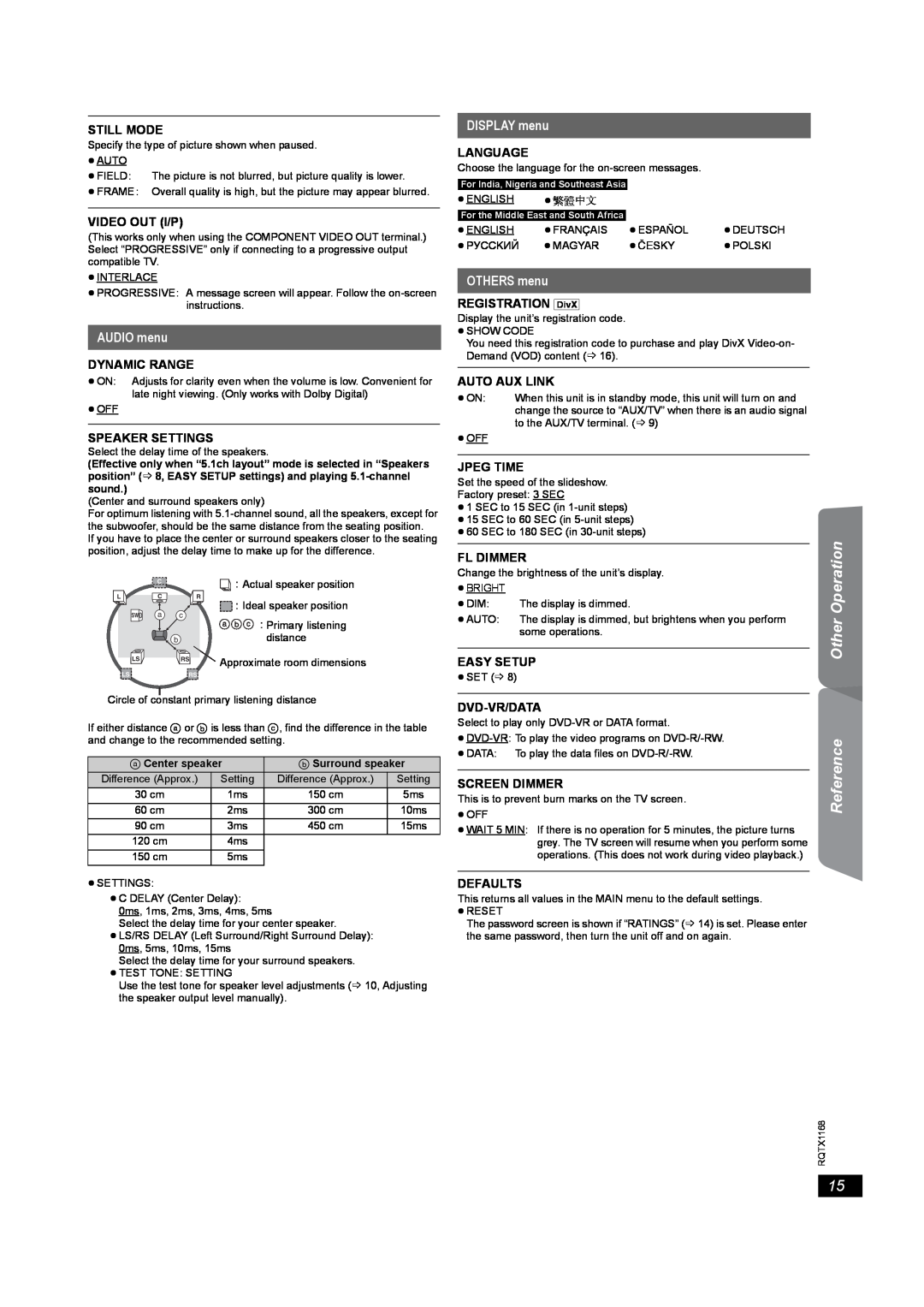 Panasonic SC-PT22 manual AUDIO menu, DISPLAY menu, OTHERS menu 