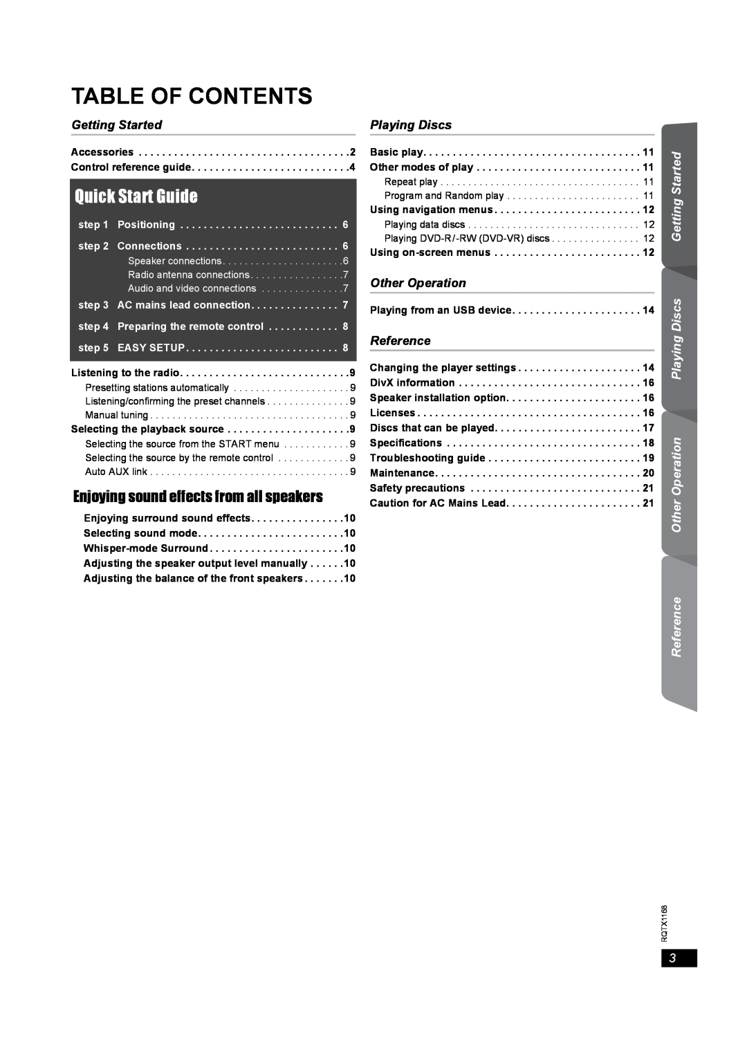 Panasonic SC-PT22 manual Table Of Contents, Getting Started Playing Discs Other Operation Reference, Quick Start Guide 