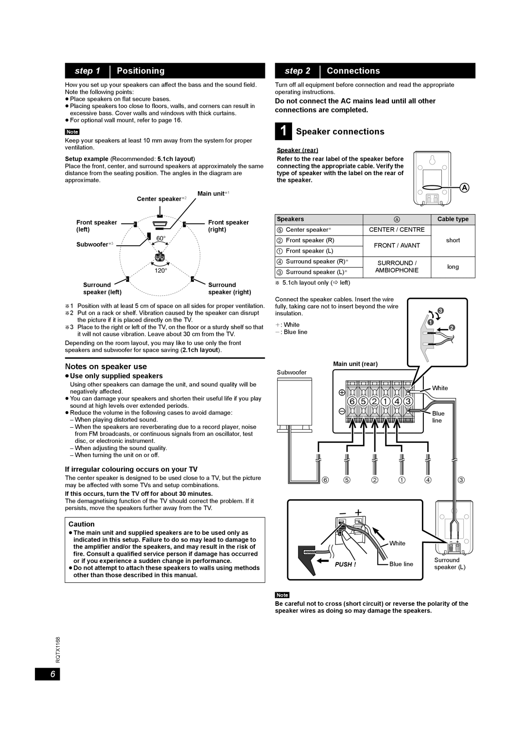 Panasonic SC-PT22 , step, Positioning, Connections, Speaker connections, Notes on speaker use, i White, j Blue line 
