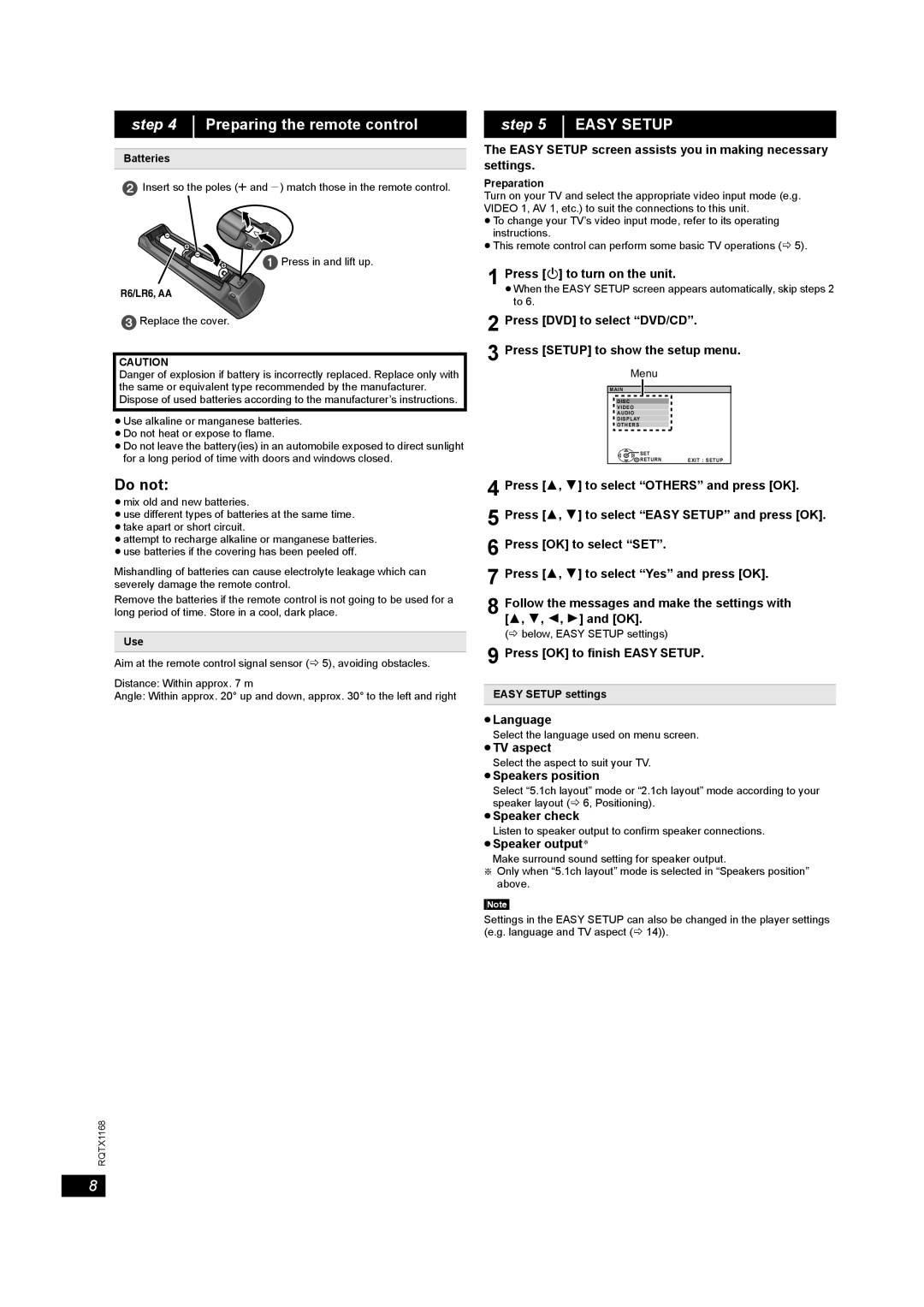 Panasonic SC-PT22 manual Preparing the remote control, Easy Setup, Do not, step 