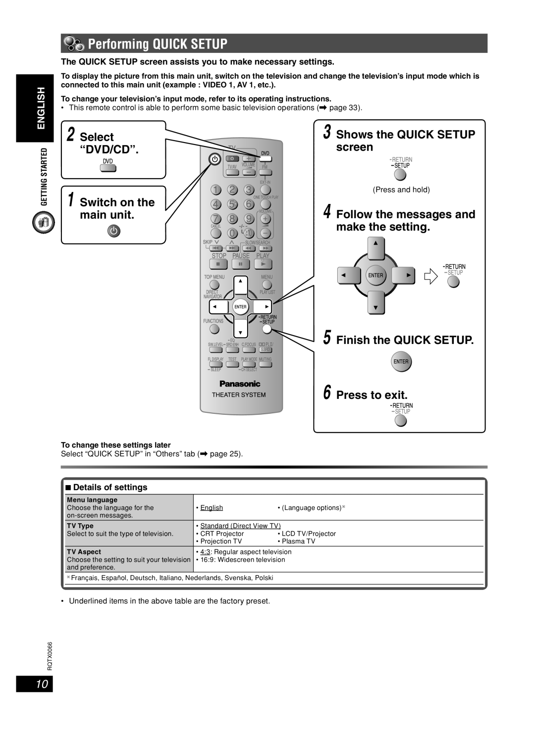 Panasonic SC-PT450 Performing Quick Setup, Quick Setup screen assists you to make necessary settings, Details of settings 