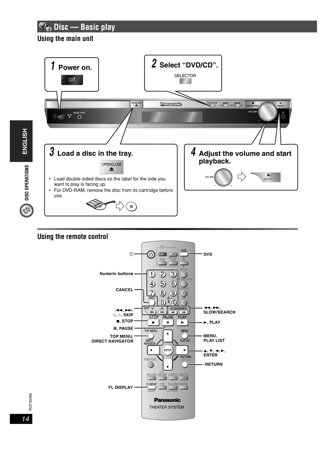 Panasonic SC-PT450 manual Disc Basic play, Using the remote control 