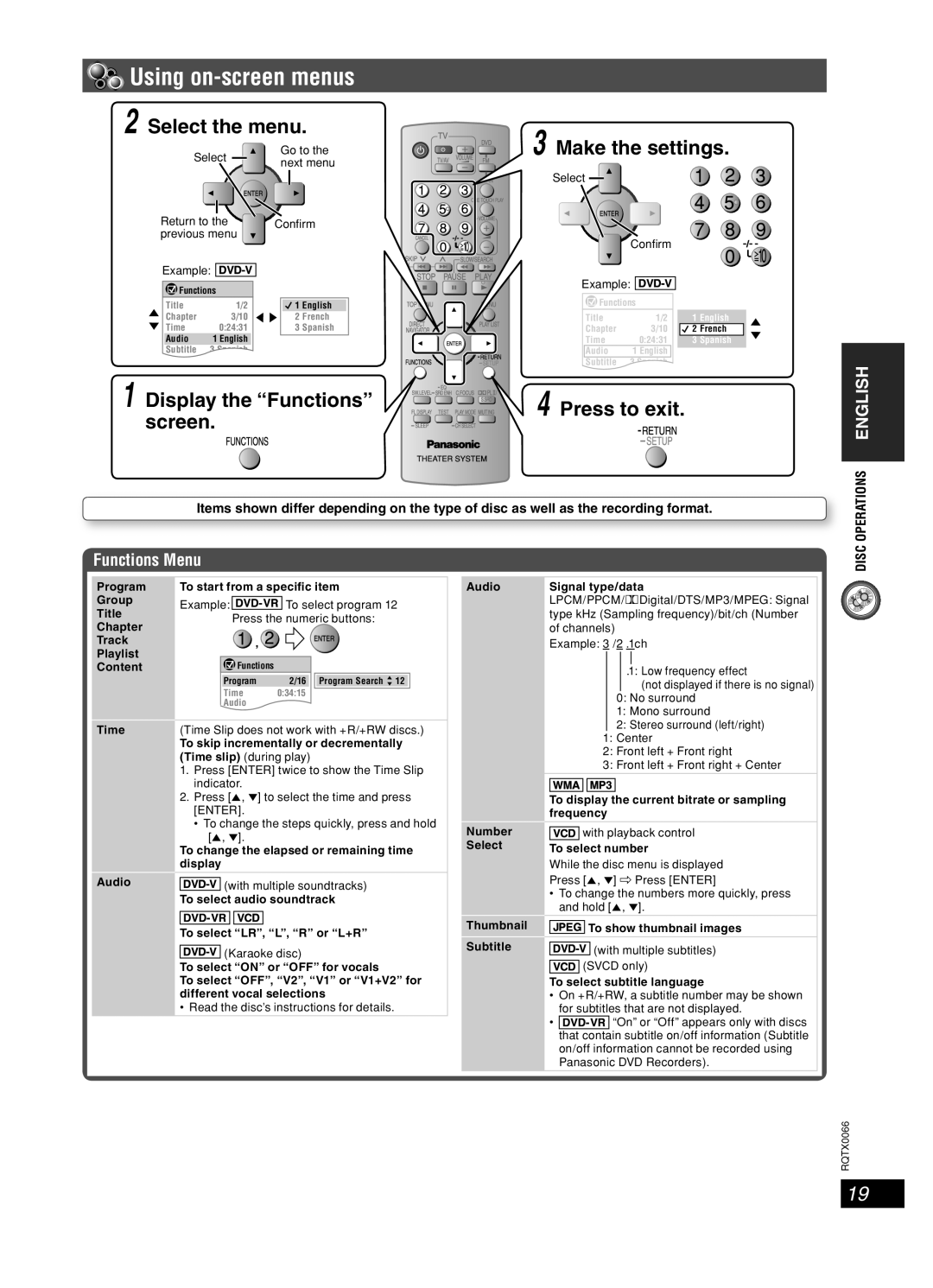 Panasonic SC-PT450 manual Using on-screen menus, Functions Menu 