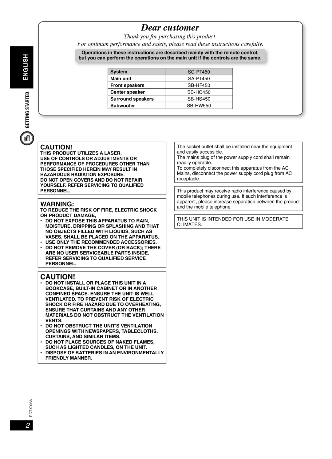 Panasonic manual System SC-PT450 Main unit, SA-PT450 