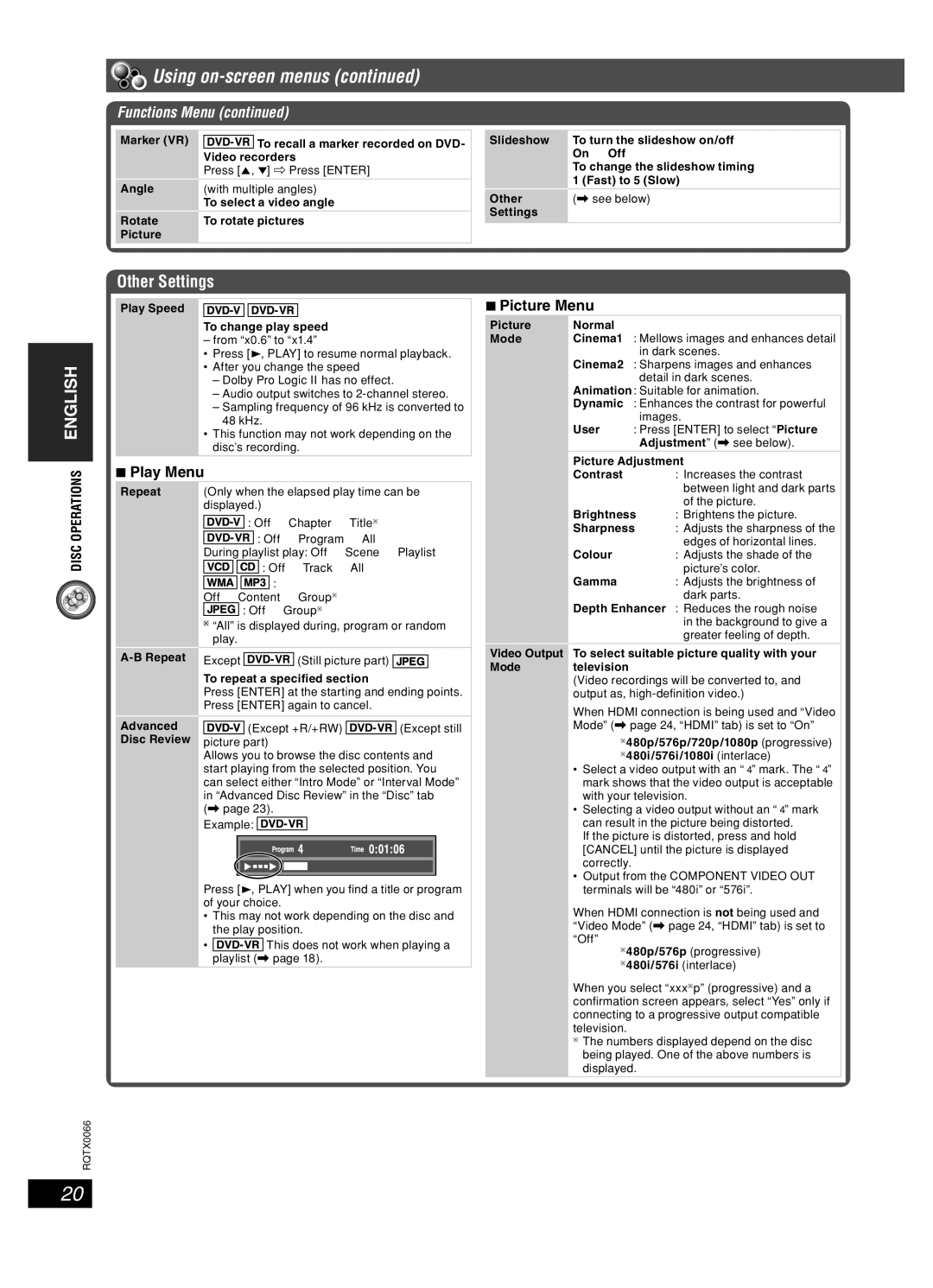 Panasonic SC-PT450 manual Other Settings, Play Menu Picture Menu 