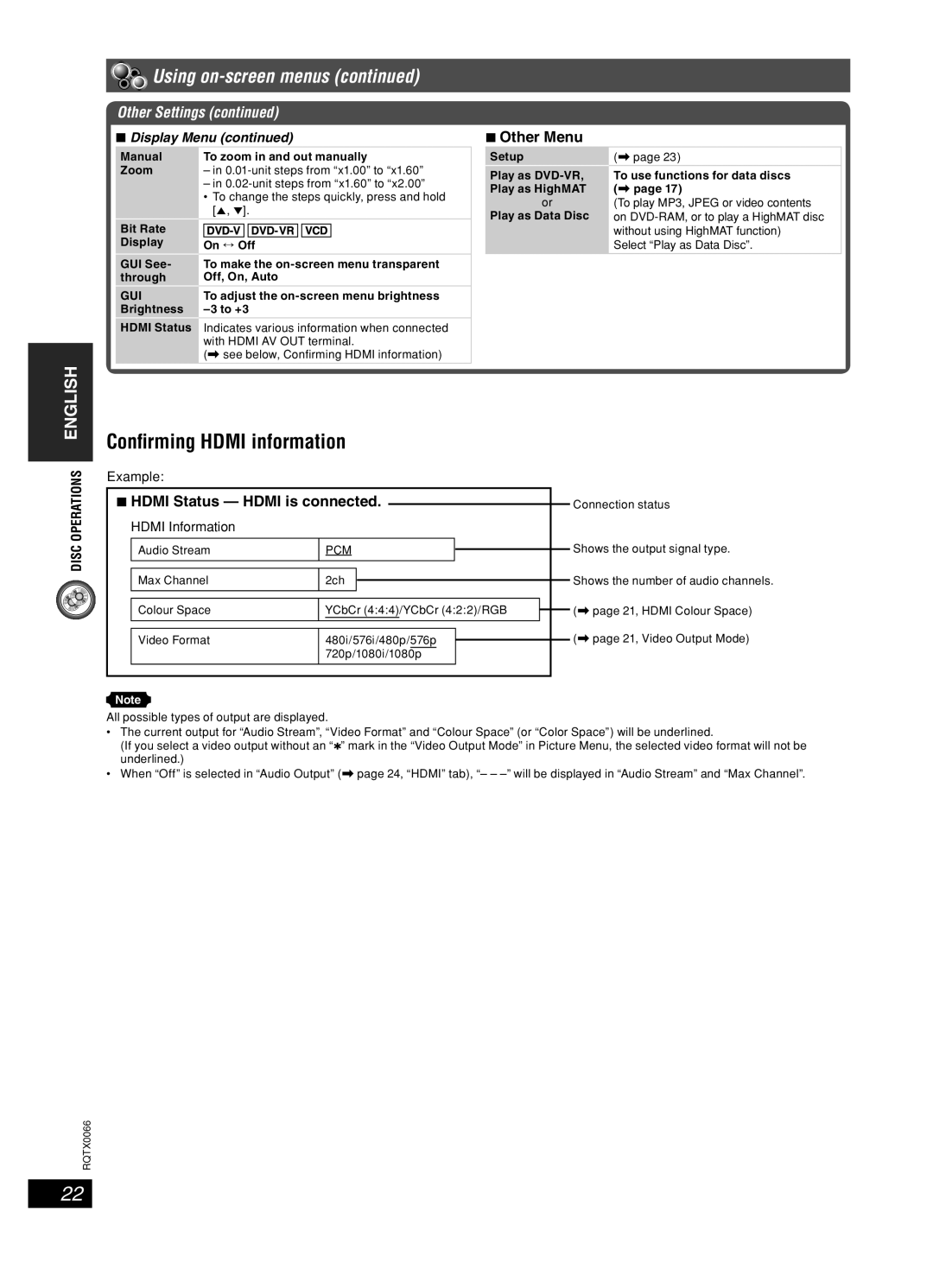 Panasonic SC-PT450 manual Conﬁrming Hdmi information, Other Menu, Hdmi Status Hdmi is connected, Hdmi Information 