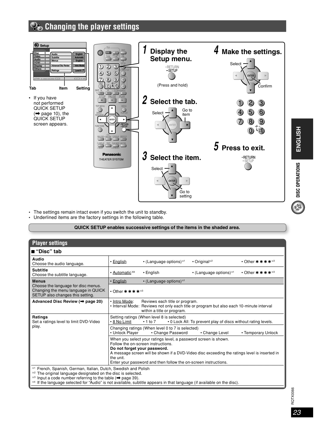 Panasonic SC-PT450 manual Changing the player settings, Display, Setup menu, Select the tab, Press to exit Select the item 