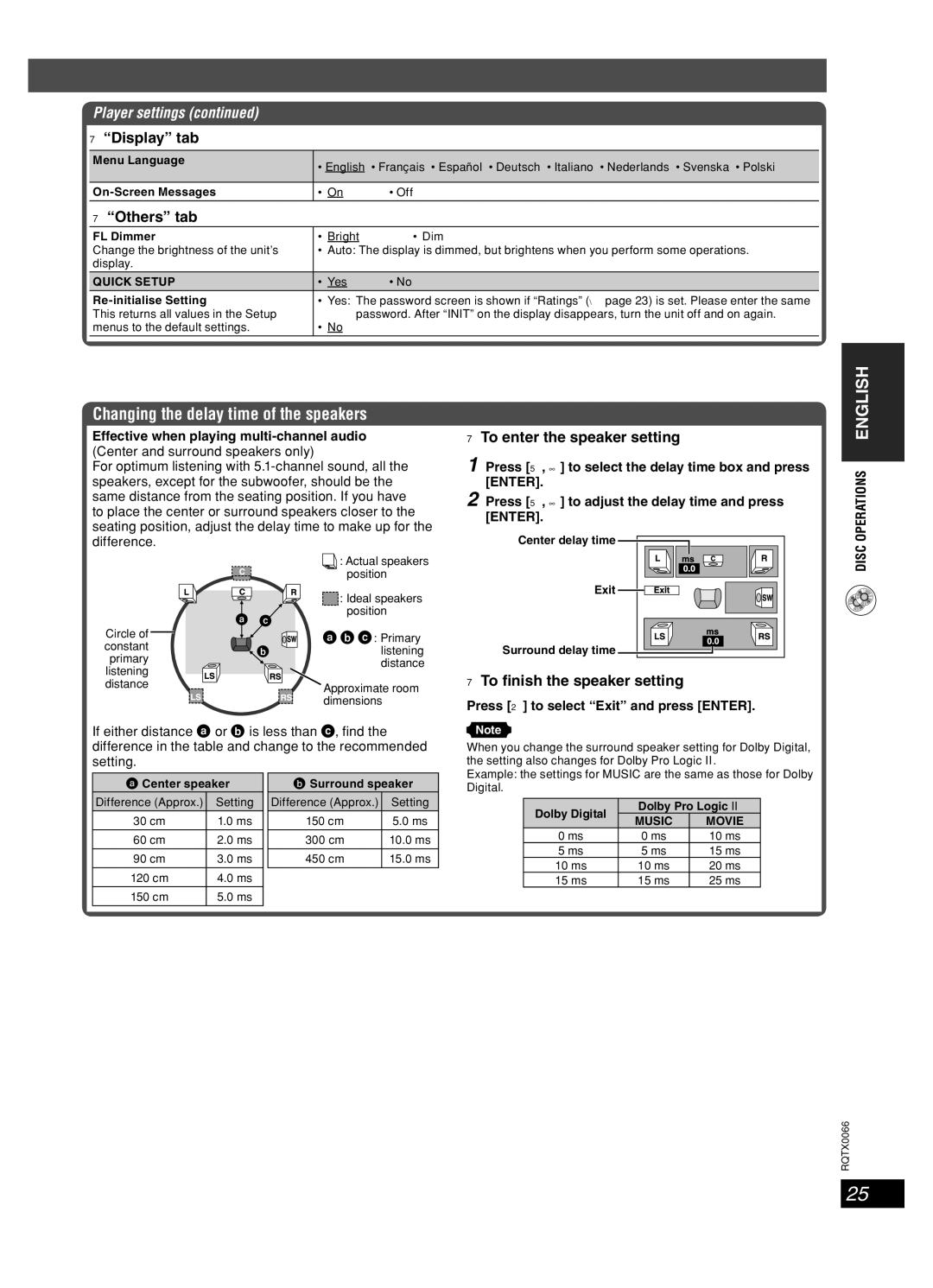 Panasonic SC-PT450 manual Changing the delay time of the speakers, Display tab, Others tab, To enter the speaker setting 