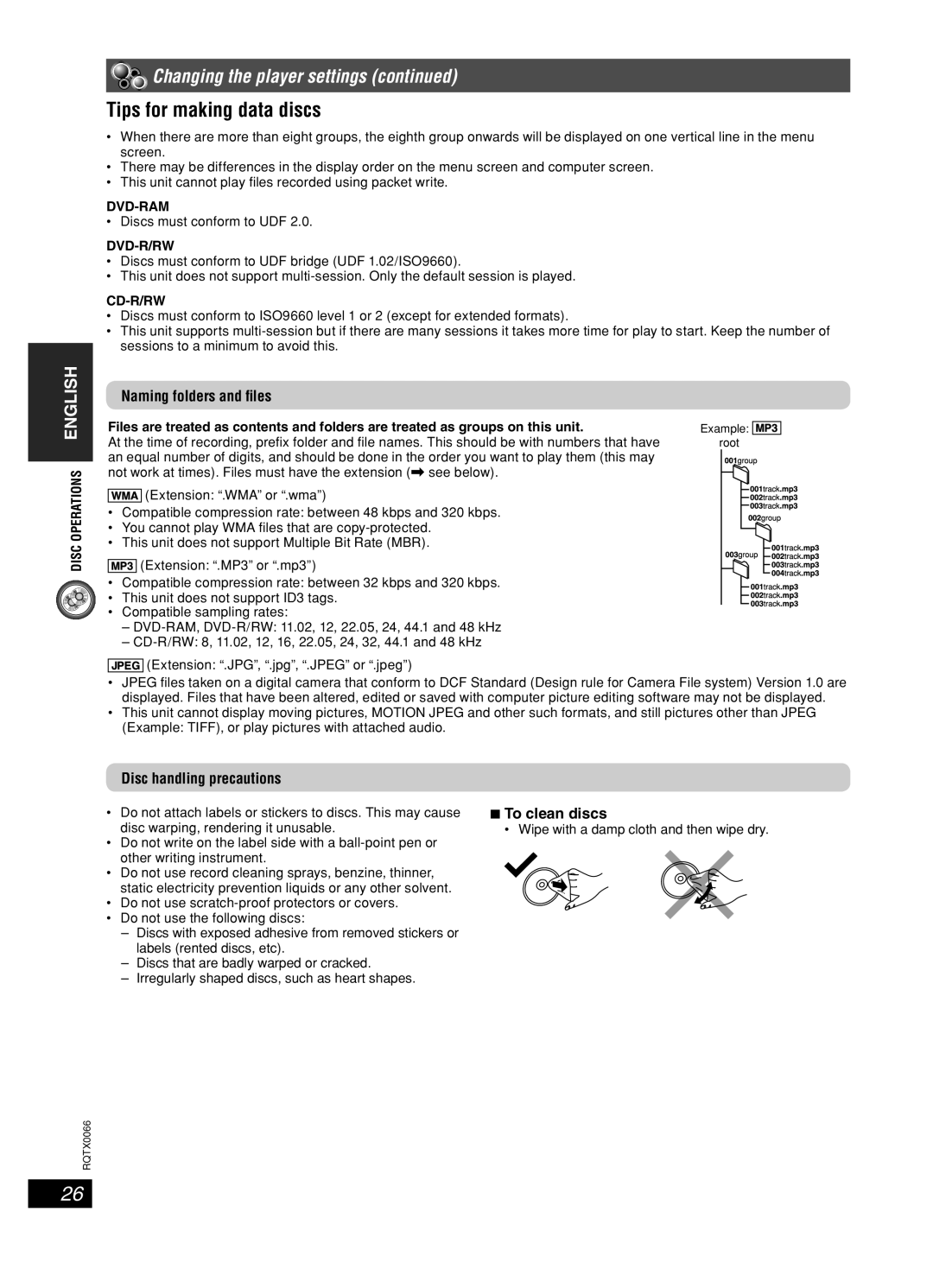 Panasonic SC-PT450 manual Tips for making data discs, Naming folders and ﬁles, Disc handling precautions, To clean discs 