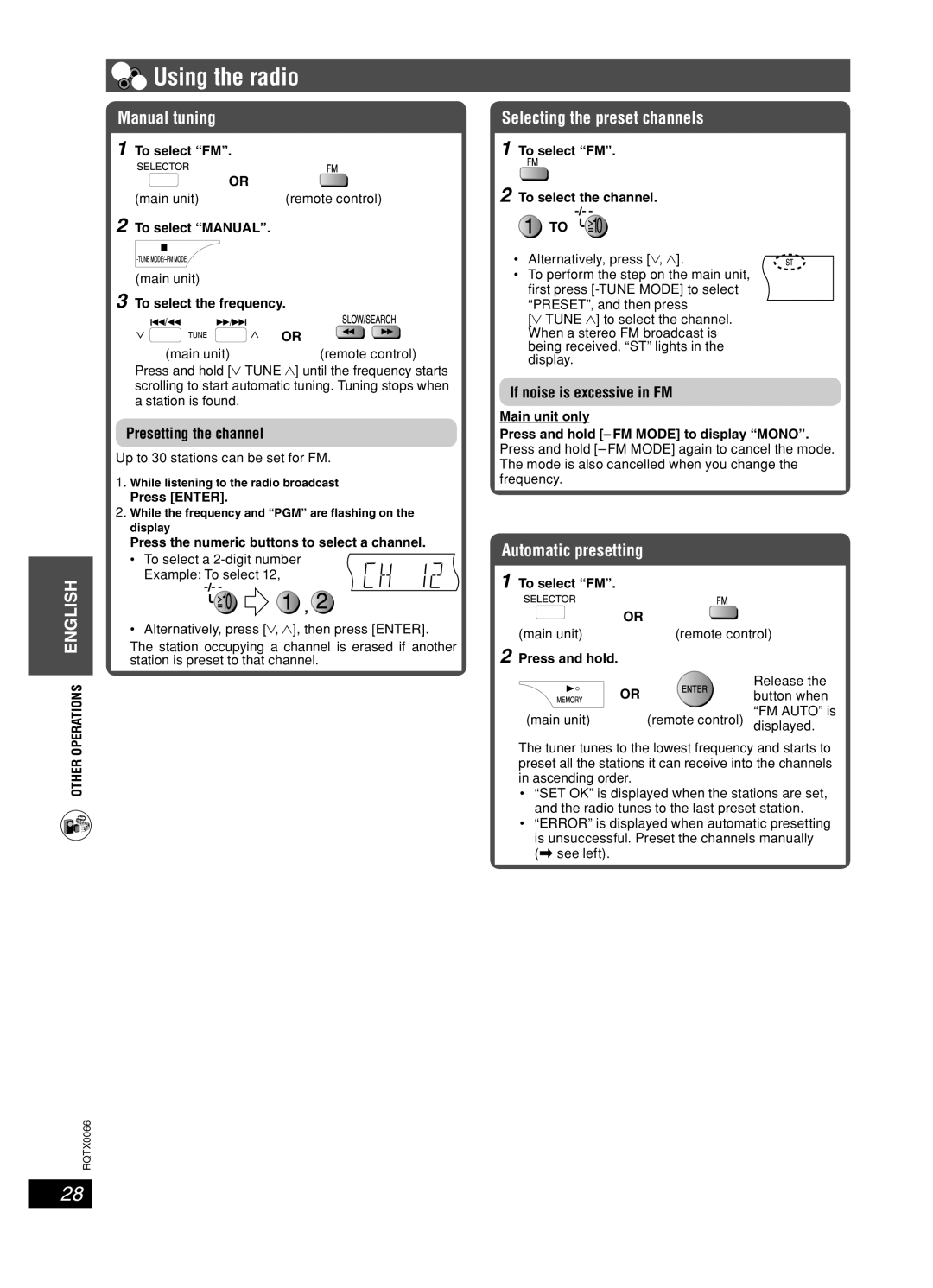 Panasonic SC-PT450 manual Using the radio, Manual tuning, Selecting the preset channels, Automatic presetting 