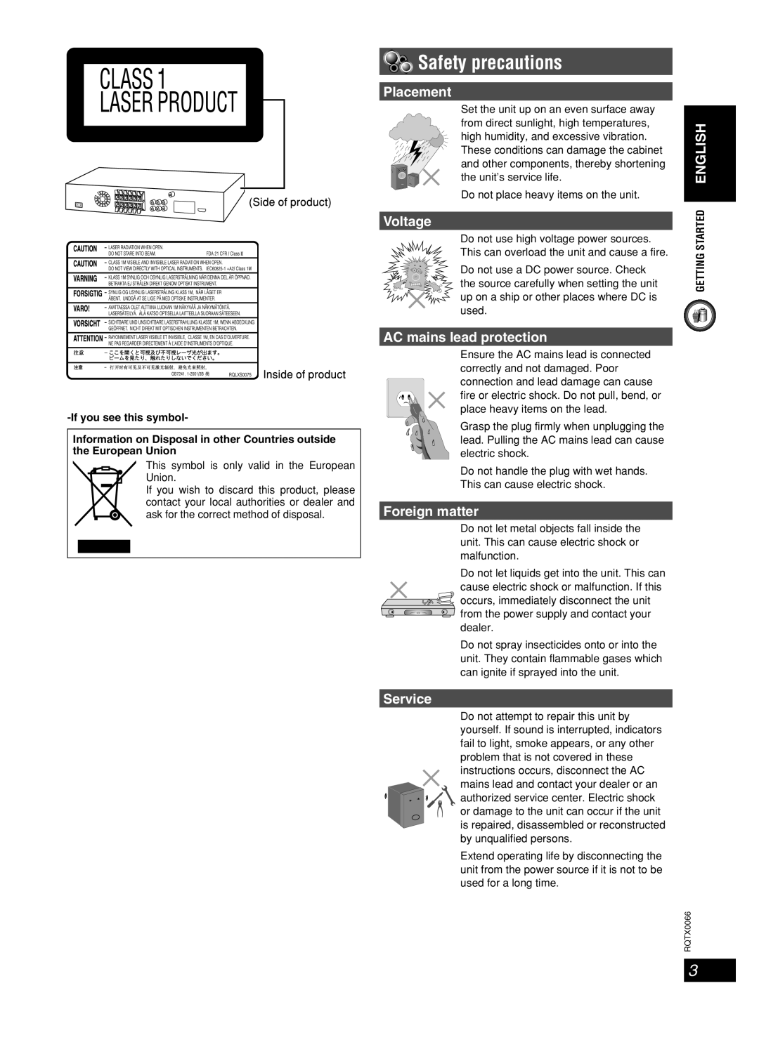 Panasonic SC-PT450 manual Safety precautions 