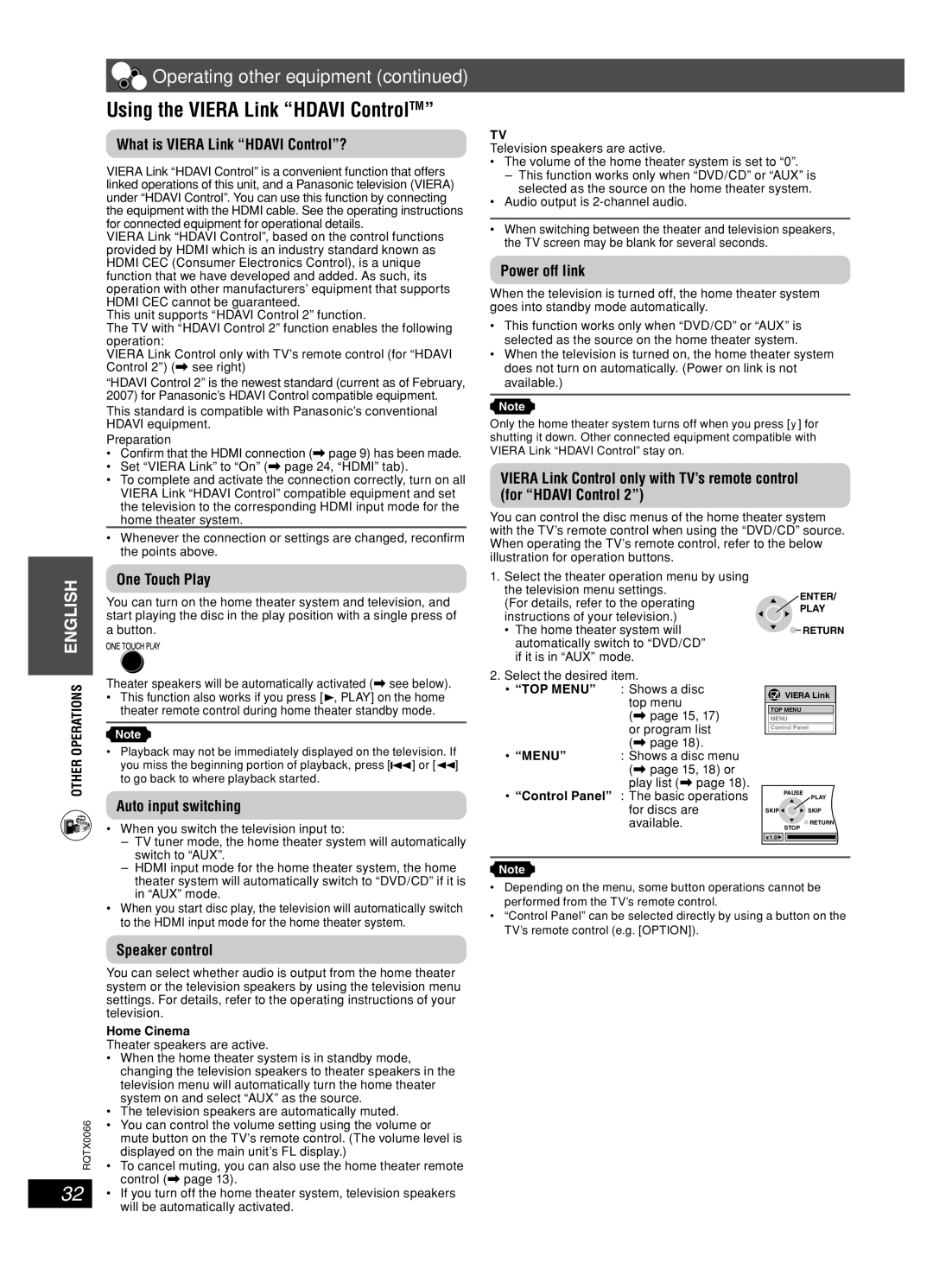 Panasonic SC-PT450 manual Using the Viera Link Hdavi ControlTM 