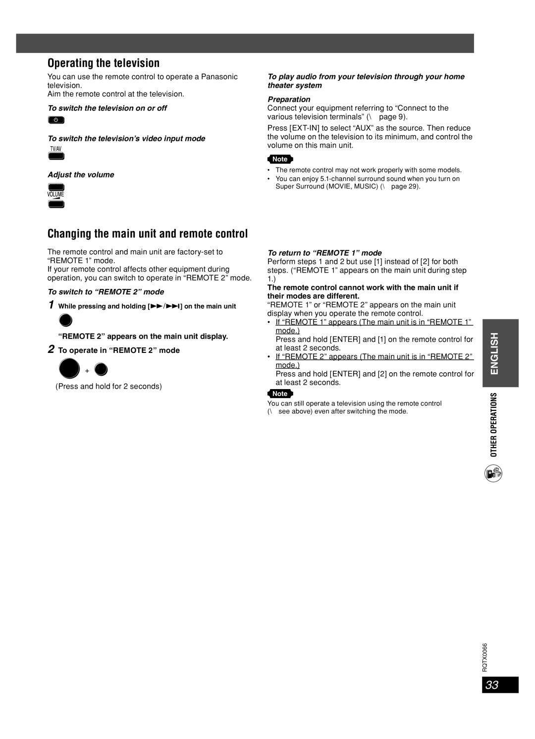 Panasonic SC-PT450 manual Operating the television, Press and hold for 2 seconds, While pressing and holding 