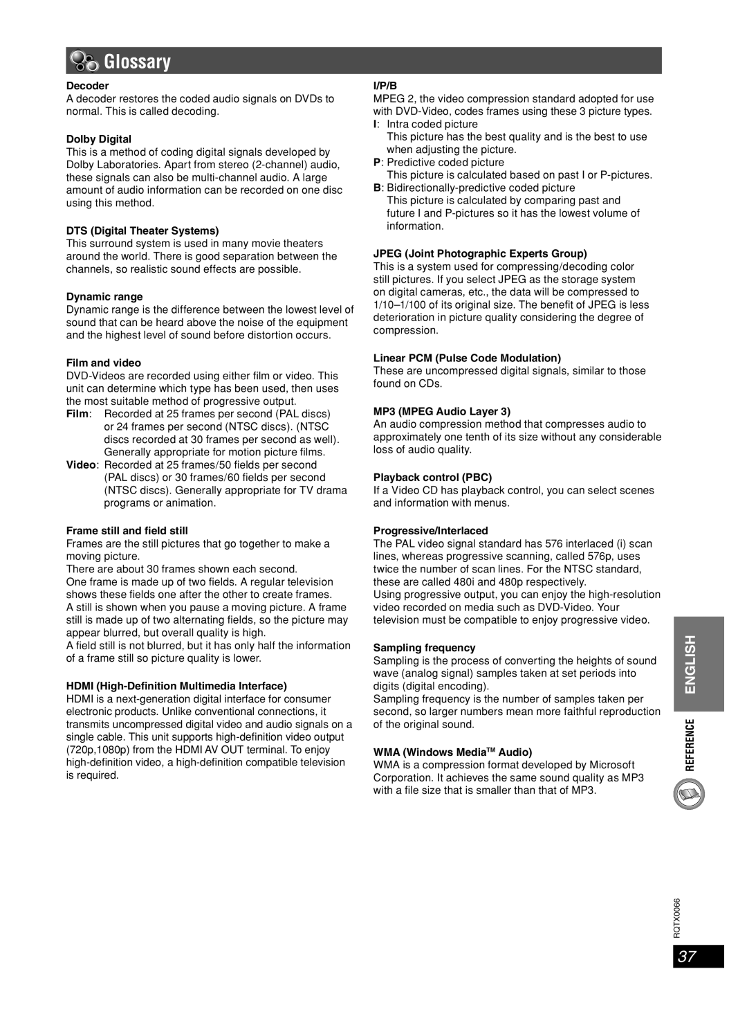 Panasonic SC-PT450 manual Glossary 