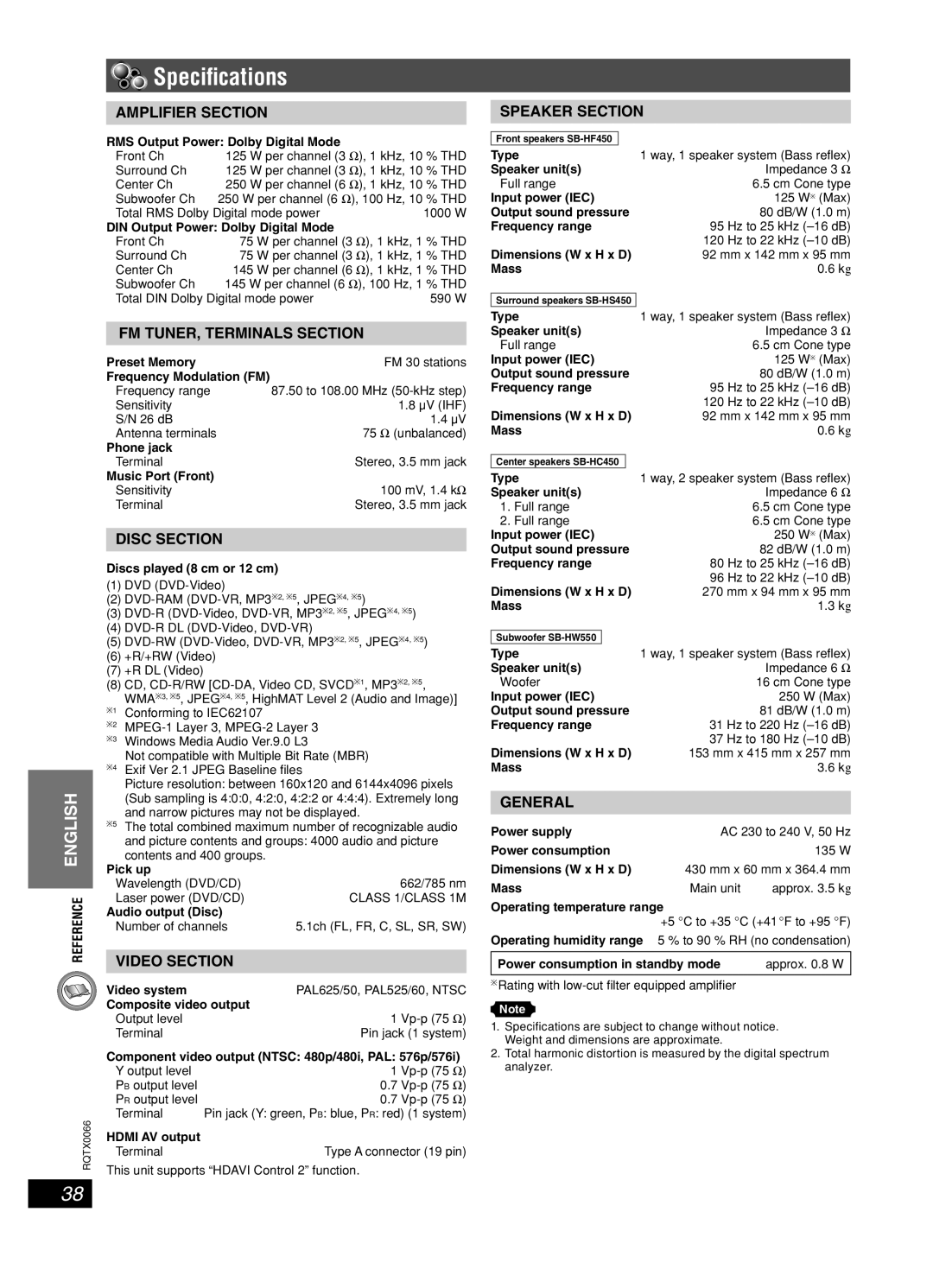 Panasonic SC-PT450 manual Speciﬁcations, Mm x 60 mm x 364.4 mm, Approx .5 kg, Approx .8 W 