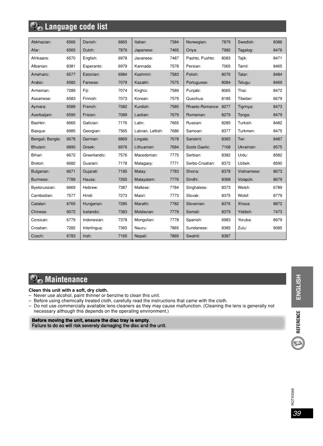 Panasonic SC-PT450 manual Language code list, Maintenance, Clean this unit with a soft, dry cloth 