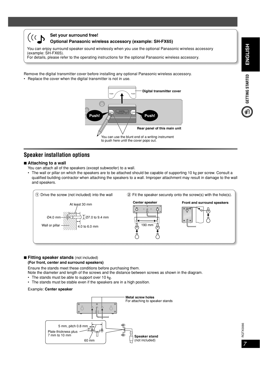 Panasonic SC-PT450 manual Speaker installation options, Attaching to a wall, Fitting speaker stands not included 