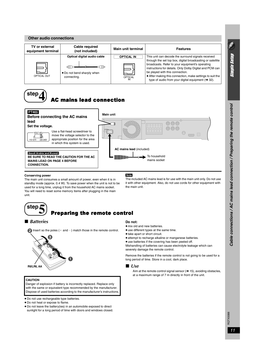 Panasonic SC-PT465, sc-pt460 manual AC mains lead connection, Preparing the remote control, Batteries, Use 