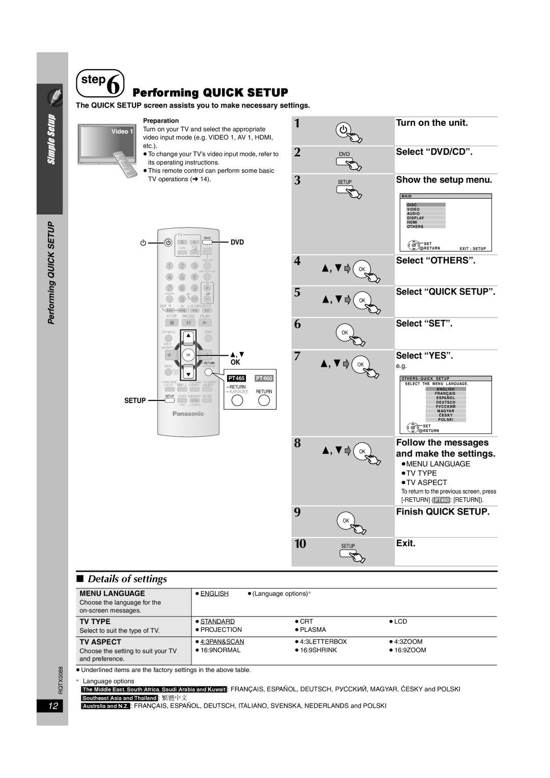 Panasonic sc-pt460, SC-PT465 manual Performing Quick Setup, Details of settings 