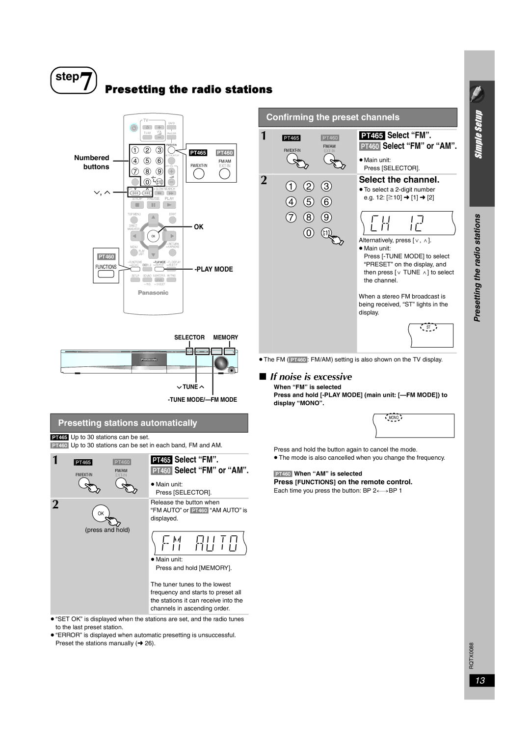 Panasonic SC-PT465, sc-pt460 manual Presetting the radio stations, If noise is excessive, Confirming the preset channels 