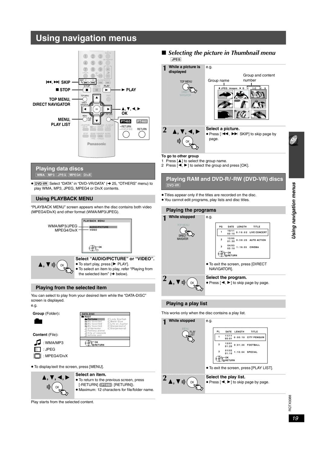 Panasonic SC-PT465 Using navigation menus, Playing data discs, Playing RAM and DVD-R/-RW DVD-VR discs, Navigation menus 