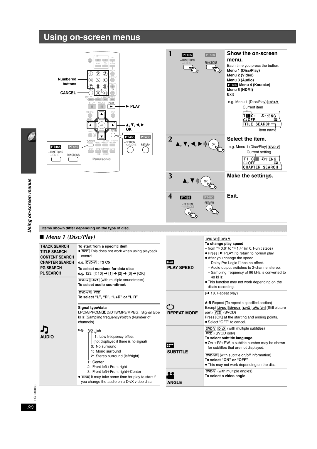 Panasonic sc-pt460, SC-PT465 manual Using on-screen menus, Menu 1 Disc/Play, Show the on-screen menu, Select the item 