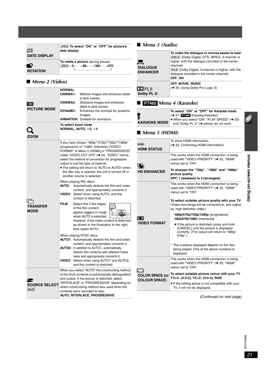 Panasonic SC-PT465, sc-pt460 manual Menu 2 Video, Menu 3 Audio, PT465 Menu 4 Karaoke, Menu 5 Hdmi, Using on-screen menus 