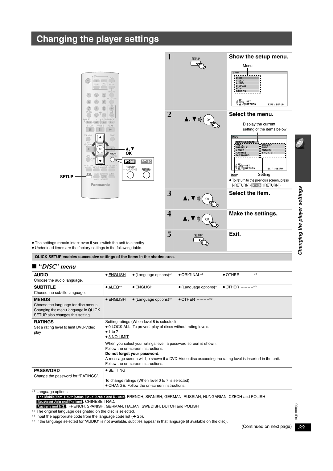 Panasonic SC-PT465, sc-pt460 manual Changing the player settings, Disc menu, Select the menu, Show the setup menu 