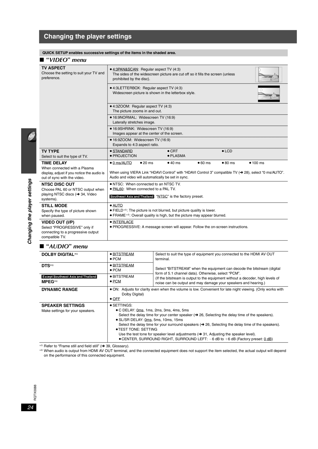 Panasonic sc-pt460, SC-PT465 manual Video menu, Audio menu 