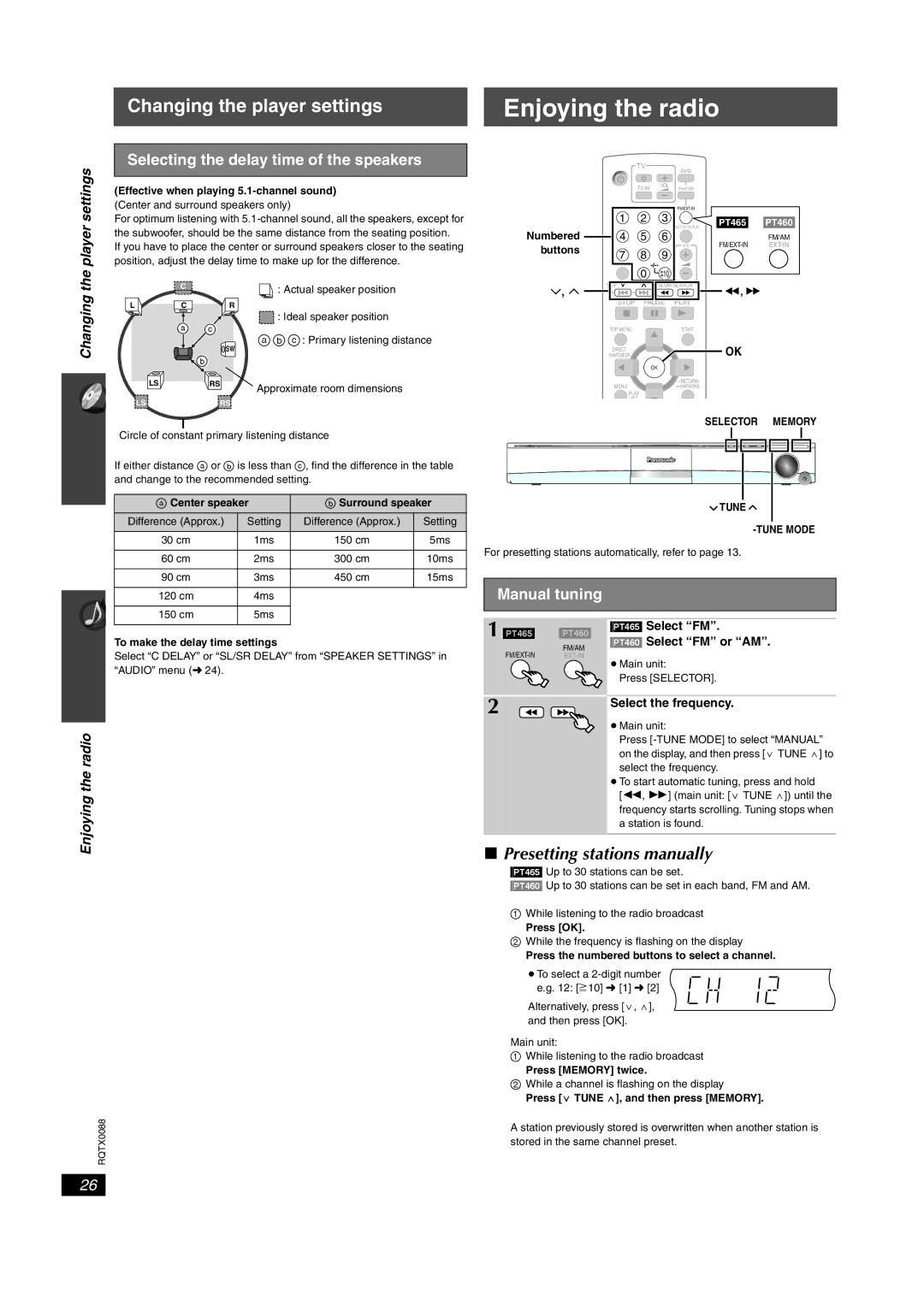 Panasonic sc-pt460, SC-PT465 Enjoying the radio, Presetting stations manually, Selecting the delay time of the speakers 