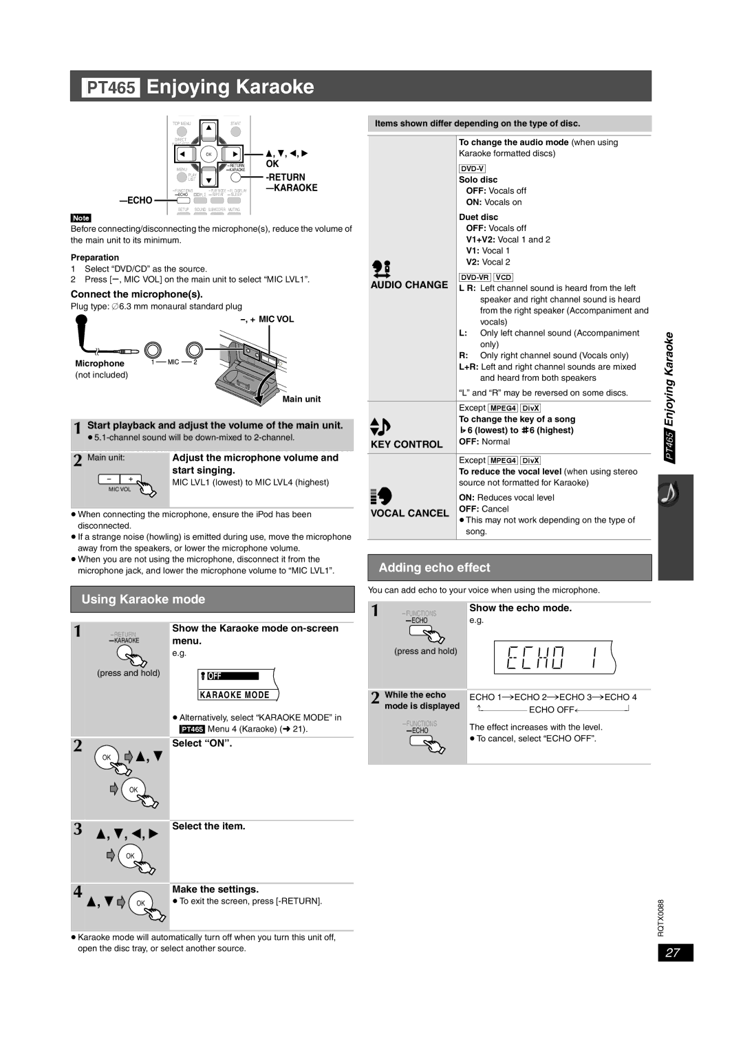 Panasonic SC-PT465, sc-pt460 manual PT465 Enjoying Karaoke, Using Karaoke mode, Adding echo effect 