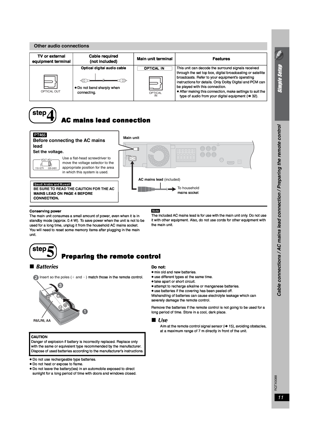 Panasonic SC-PT465 manual AC mains lead connection, Preparing the remote control, Batteries, Use, Simple Setup, Optical\In 