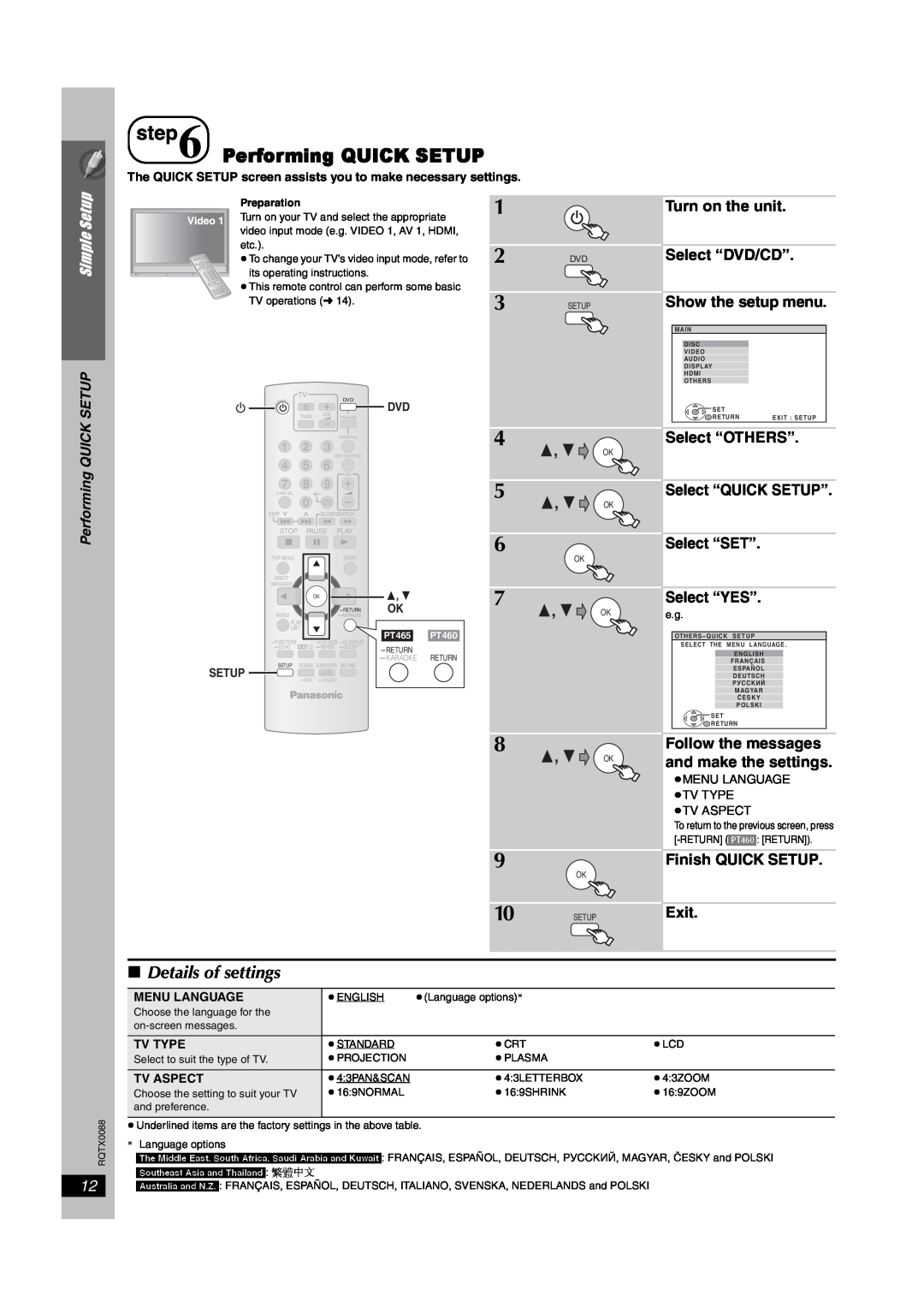 Panasonic sc-pt460, SC-PT465 manual Performing QUICK SETUP, Details of settings 