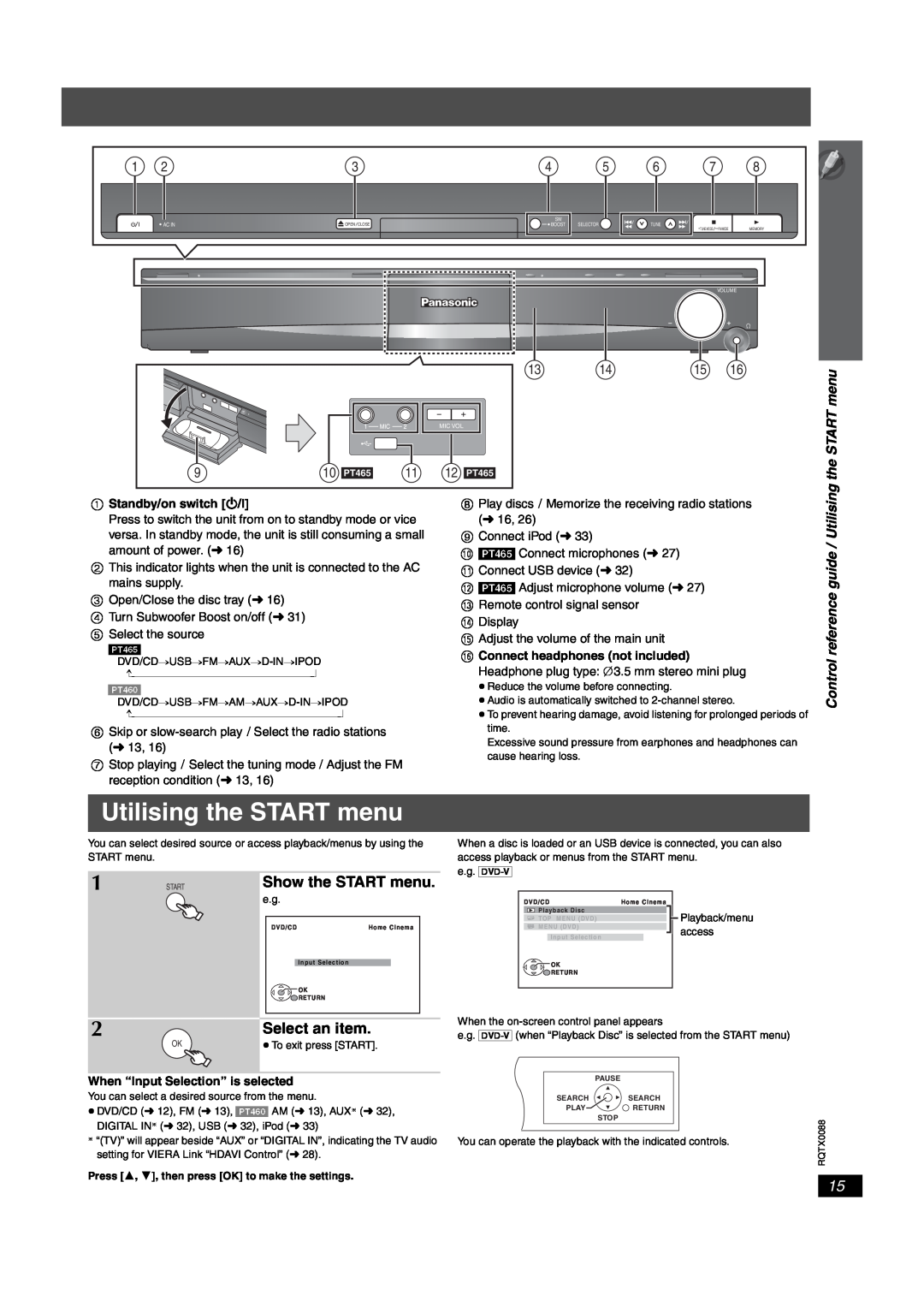 Panasonic SC-PT465, sc-pt460 manual Utilising the START menu, Select an item, Show the START menu 