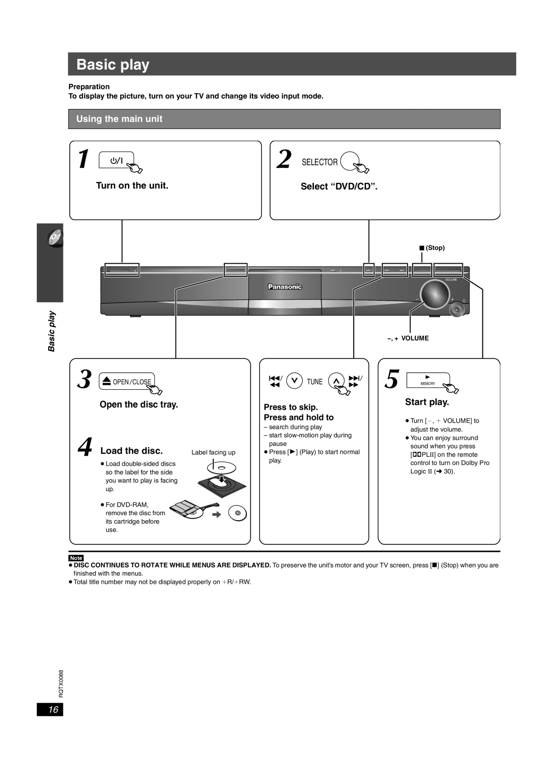 Panasonic sc-pt460 Basic play, Using the main unit, Selector, Turn on the unit, Select “DVD/CD”, Press to skip, Open Close 