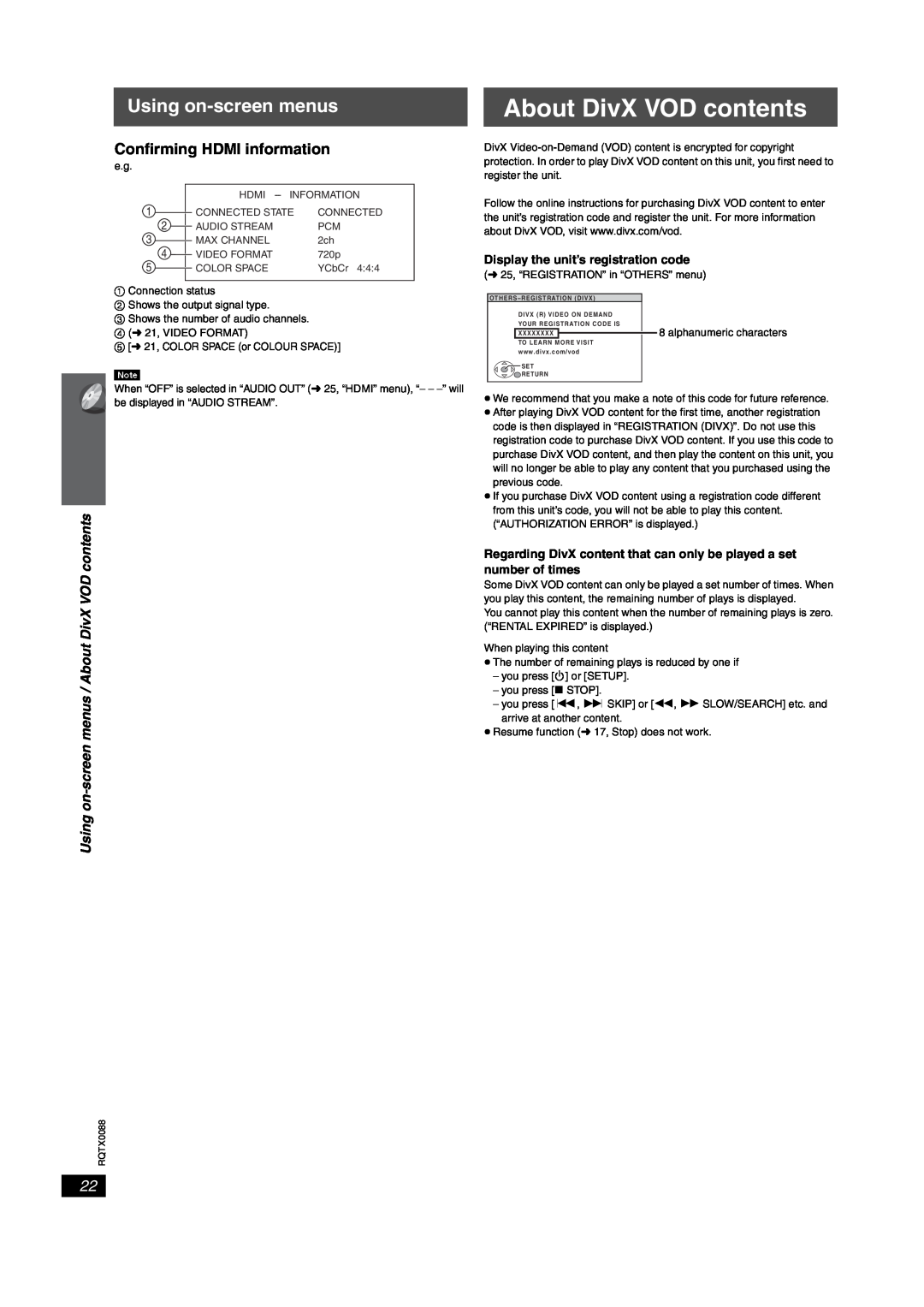 Panasonic sc-pt460, SC-PT465 manual Using on-screenmenus / About DivX VOD contents 