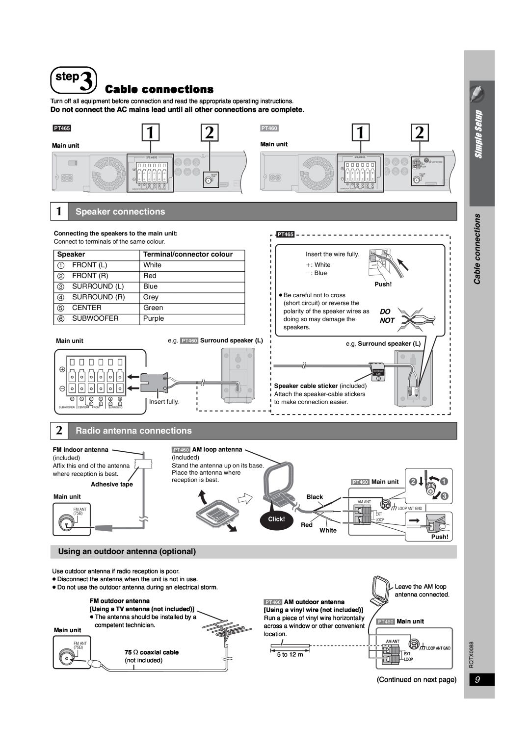 Panasonic SC-PT465, sc-pt460 manual Cable connections, Simple, Speaker connections 