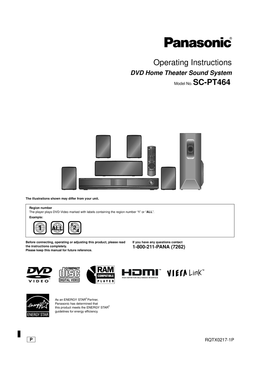 Panasonic SC-PT464 manual Illustrations shown may differ from your unit Region number, Example 