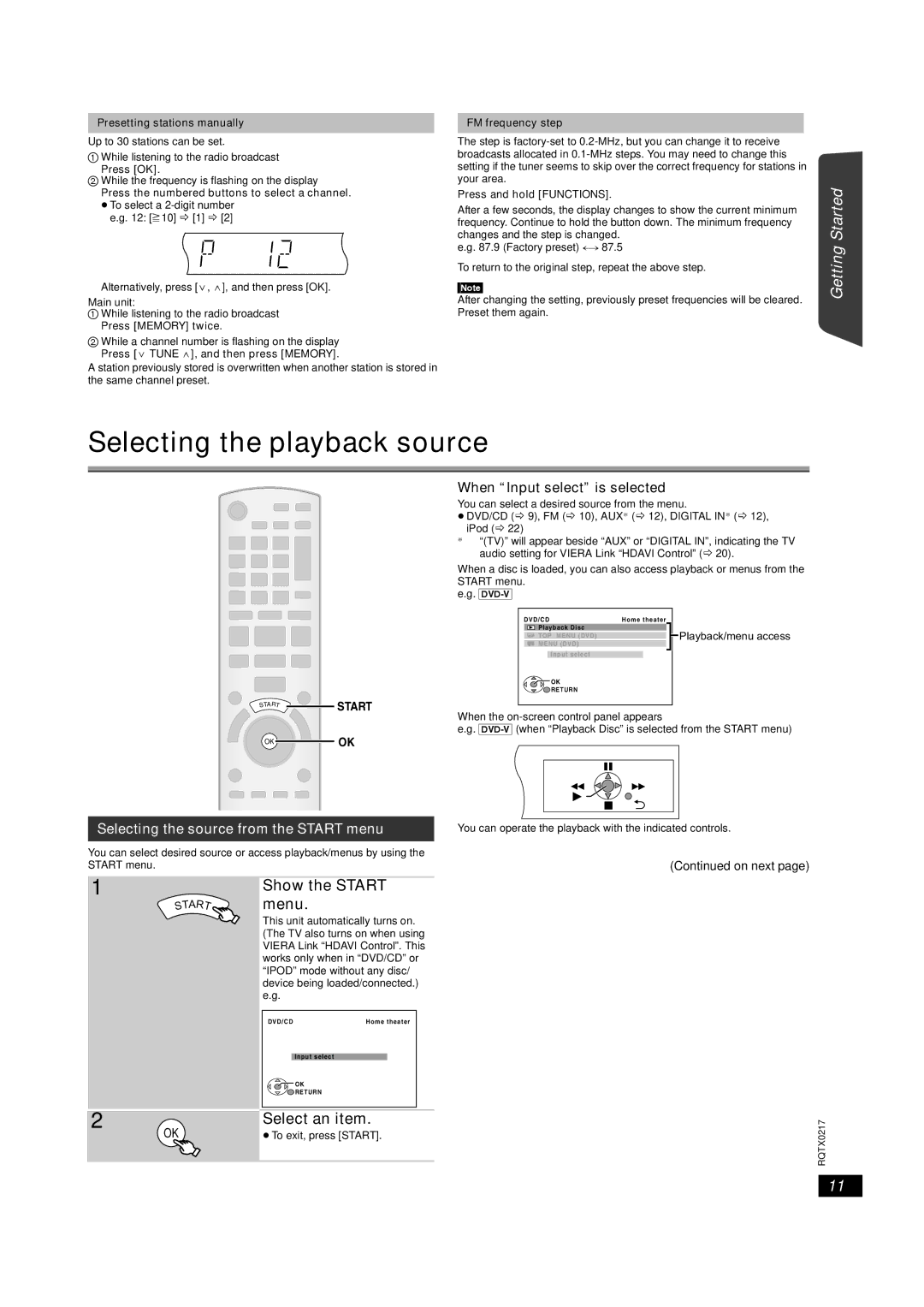 Panasonic SC-PT464 Selecting the playback source, Getting Started Discs, Playing, Show the Start menu, Select an item 