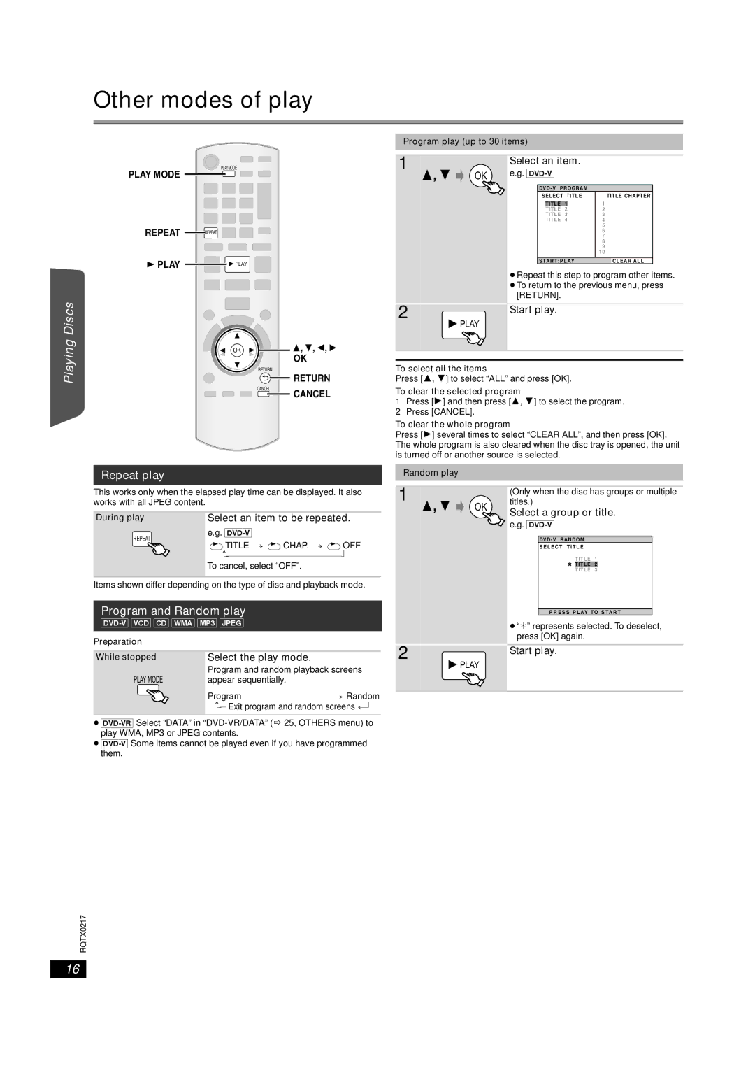 Panasonic SC-PT464 manual Other modes of play, Repeat play, Program and Random play 