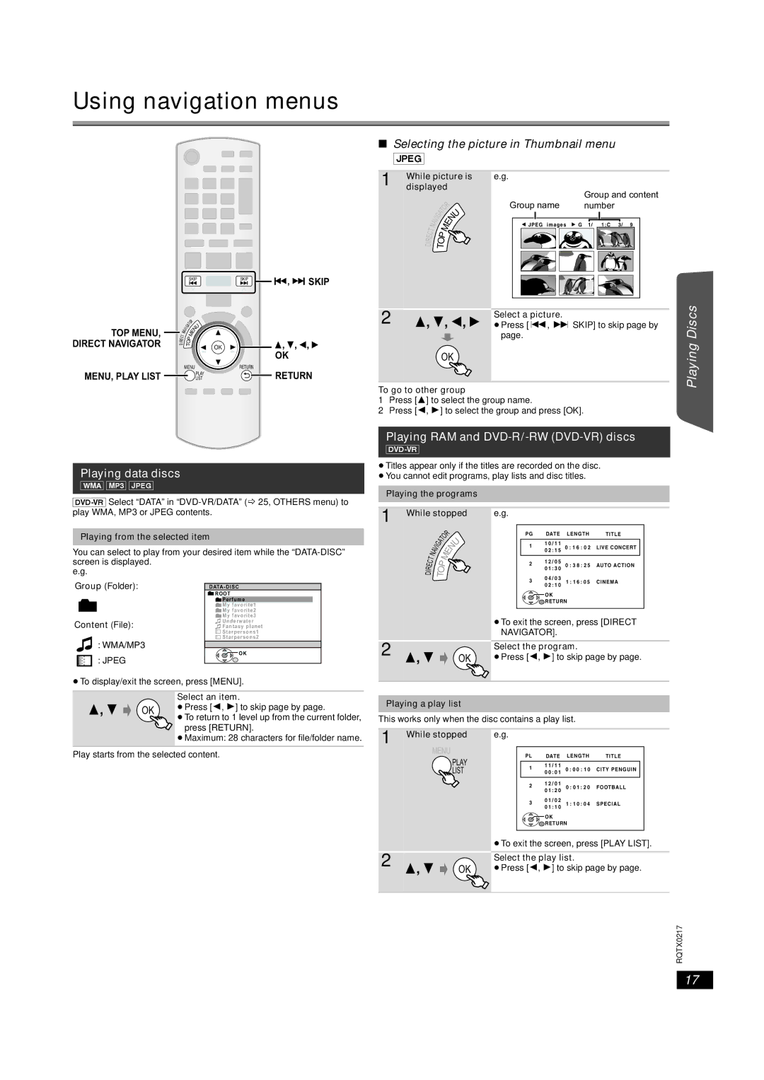 Panasonic SC-PT464 Using navigation menus, Other Reference, Playing data discs, Playing RAM and DVD-R/-RW DVD-VR discs 