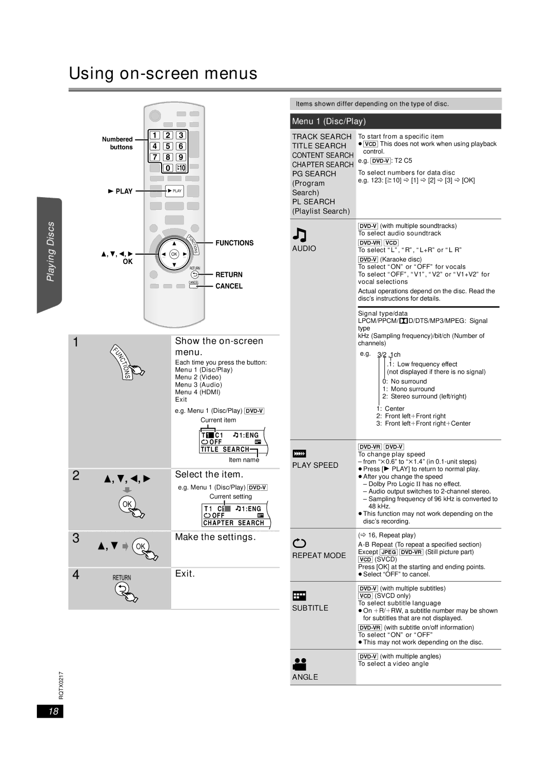 Panasonic SC-PT464 manual Using on-screen menus, Show the on-screen Menu, Select the item, Make the settings, Exit 