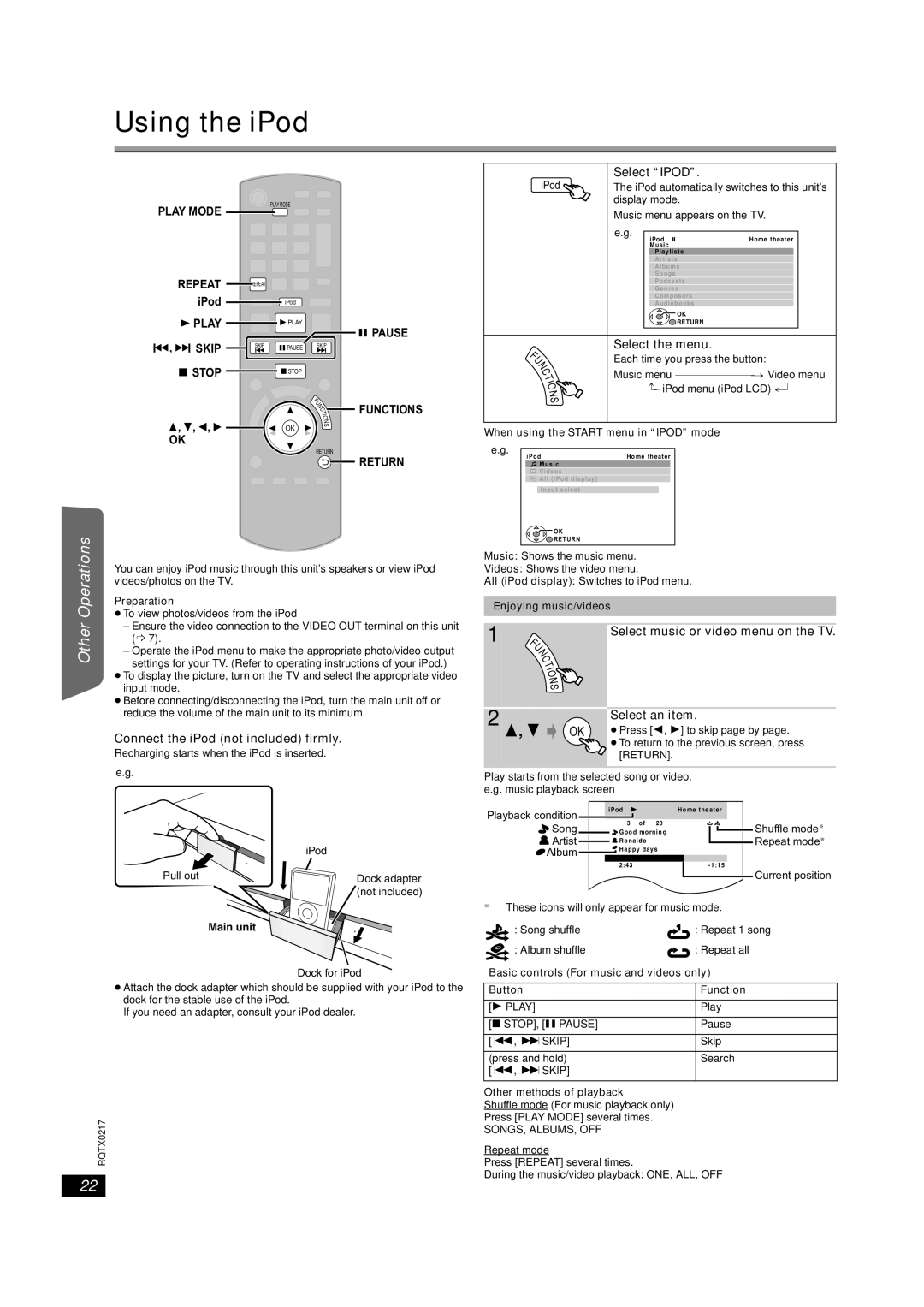 Panasonic SC-PT464 manual Using the iPod, Connect the iPod not included firmly, Select the menu, Select an item 