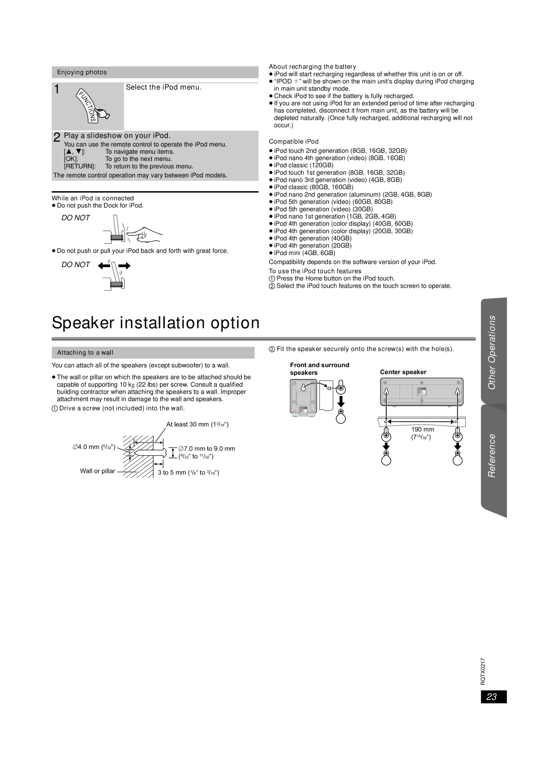 Panasonic SC-PT464 manual Speaker installation option, On your iPod 