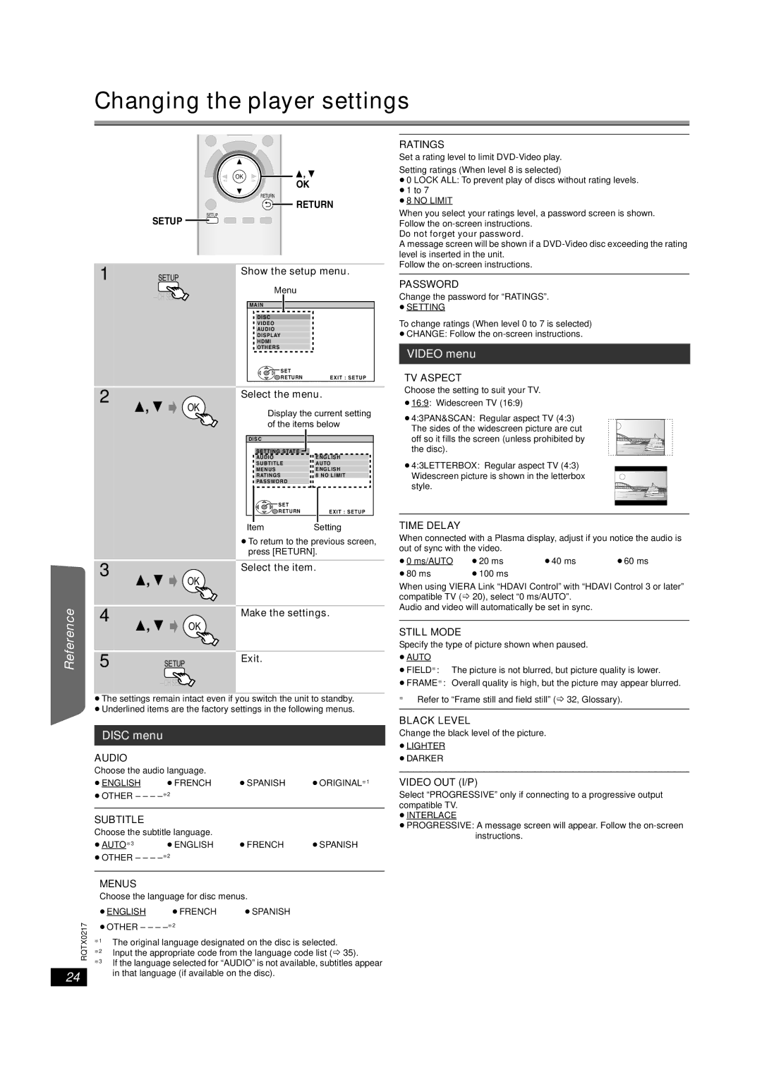 Panasonic SC-PT464 manual Changing the player settings, Video menu, Disc menu 